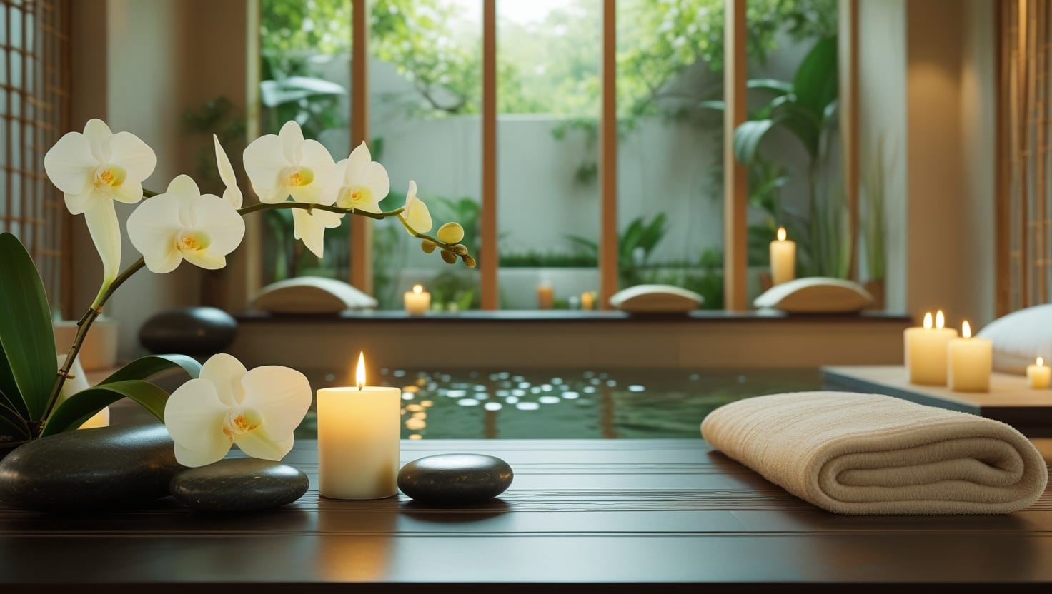 Ambiance spa relaxante avec orchidées et bougies